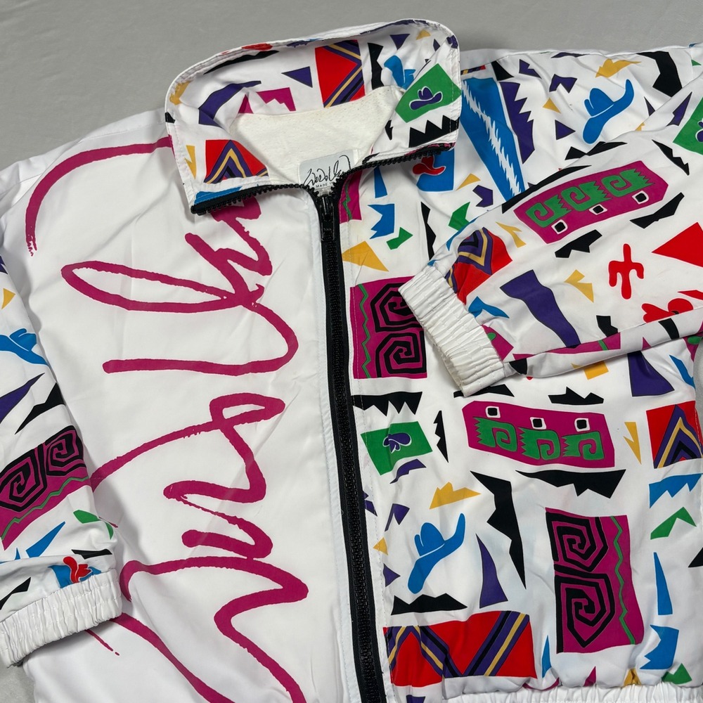 Serbin Jacket Women Medium Windbreaker White Geometric Abstract Retro 90s USA